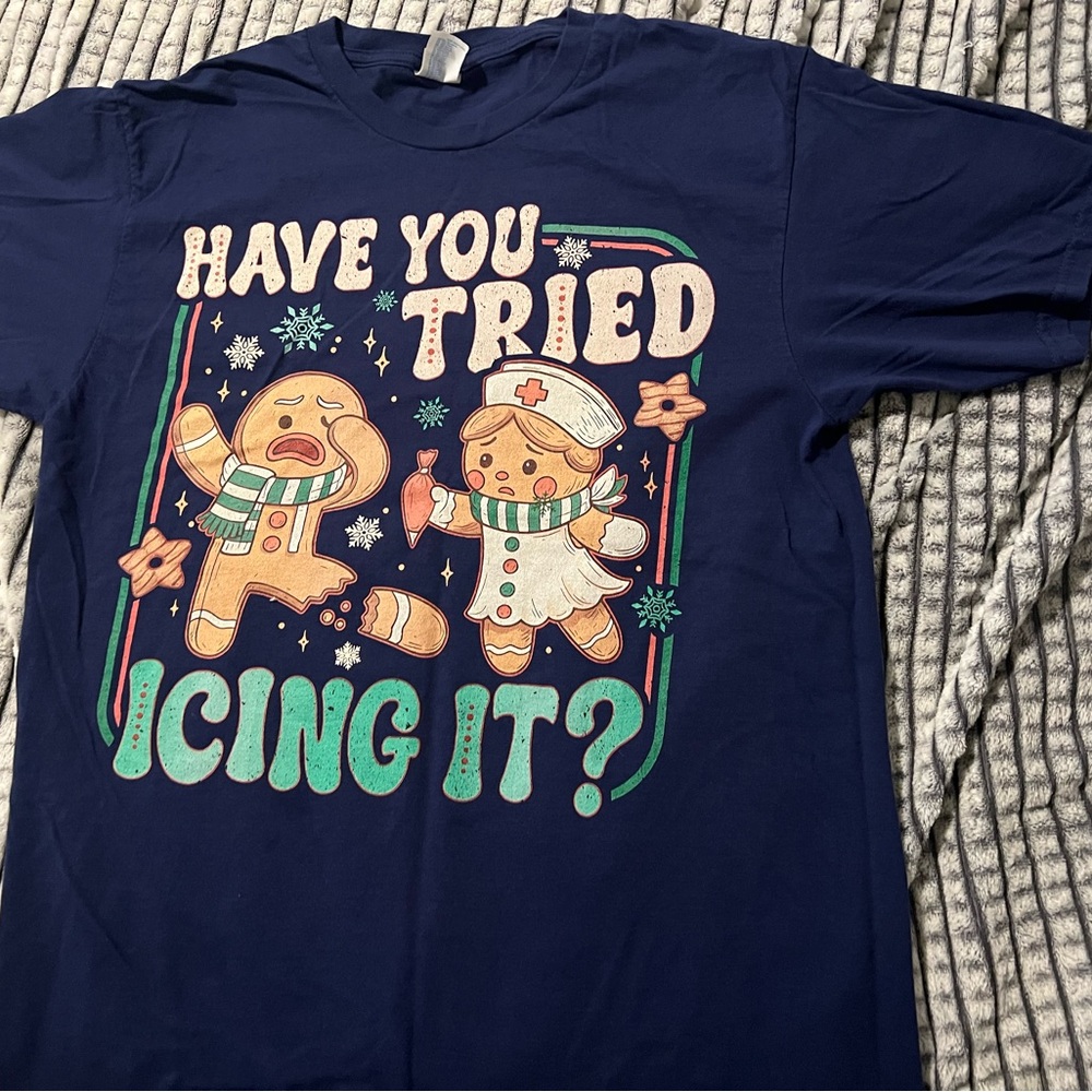 Navy Blue Graphic T-Shirt with Gingerbread Design